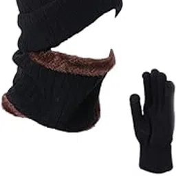 LR Decor E-Shop 3-Piece Winter Beanie Hat Scarf Hats Ladies Knitted Gloves Fleece Lining Black-image-7