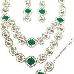 denicraas Traditional Designer Kundan Necklace Set for Women | Gold-Plated 2-Layer Ethnic Bridal Jewelry with Earrings & Maangtika -Stone Studded Necklace image 1