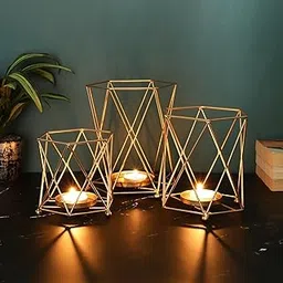 Purestory Set of 3 Iron Lantern and Candle Tealight Holder for Home Decor Items | Candles for Home Decoration | Candle Holders for Home Decor | (Pack of 3) (Gold)-picture-12