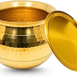 HOKOYA Small Brass Handi with Lid (2 Litre Water Capacity) | Mirror Finish Bowl | Brass Cookware | Utensils for Kitchen Cooking Pot with Lid-picture-27