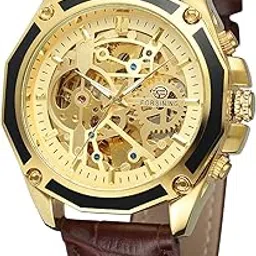 forsining Men's Skeleton Mechanical Analog Watch Reloj Automatic Movtment Male Clock With Genuine Leather Strap, Mechanical, Dial Color_Gold,Band Color-Brown-picture-59