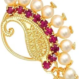 FASHIONS Maharashtrian Marathi Pressing Nath Nose pin Gold Plated Stone White Pearl Clip on Without Piercing Nose ring For Women & Girls.-image-74