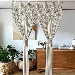 R.R.LALA Cotton Geometric Boho Macrame Handwoven Backdrop Arch Doorway/Window Wall Hanging Curtains (Ivory, 40X80 Inch)(Hookless)-image-62