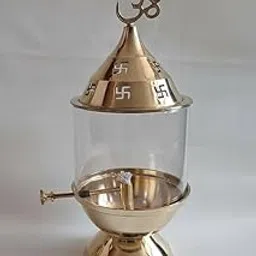 Brass Akhand Jyoti Diya for Puja | Medium Size Decorative Brass Akhand Diya with Glass Cover, Puja Dia for Mandir, Oil Lantern and Tea Light Holder 8 Inch Dessign 5-picture-62