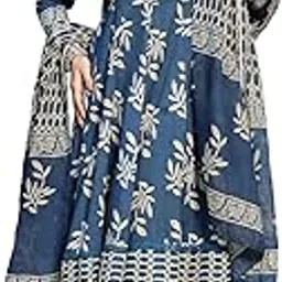 stylum Women's Floral Printed Cotton Anarkali Kurta Pant Dupatta Set (KPDINDIGOOMAN_Indigo Blue)-picture-16