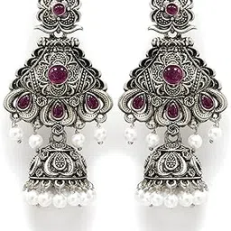 karatcart Oxidised Silver Red Stone Studded Dangler Jhumki Earrings for Women-picture-43