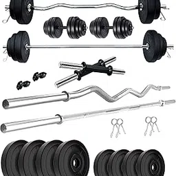 Kore PVC 20 Kg Home Gym Set With One 3 Ft Plain + One 3 Ft Curl Rod And One Pair Dumbbell Rods, Multicolour-picture-32