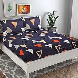 BSB HOME Premium Cotton Elastic Fitted Bedsheets with 2 King Size Pillow Covers | Double Bed with All Around Elastic 180 TC Supersoft | Size - 72 King Sizex78+10 inches | Grey Orange and White-image-44