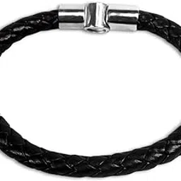 utkarsh Unisex Black Daily Use Braided Leatherette Rope Cutting Wraps Strap Ponytail Design Funky Classic Sports Stainless Steel Wrist Gym Band Bangle Bracelet With Silver Buckle Magnetic Lock-picture-15