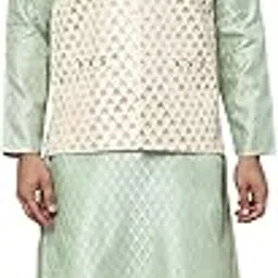 sojanya Men's Silk Blend Self Design Kurta and Cream Pyjama with Embroidered Nehru Jacket-picture-29