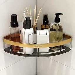 Plantex Self Adhesive Bathroom Corner Shelf/Aluminium Wall Mounted Rack for Kitchen Corner with Golden Railing & Magic Stickers/Bathroom Accessories (9x9 inches, Gold & Black)-image-34