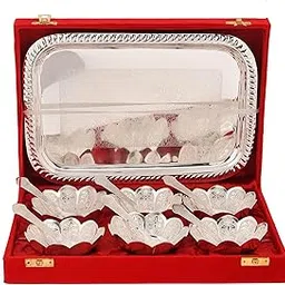 German Silver Bowl Set Lotus Flower Shape | 13 pcs Set | Silver, Red Velvet Box | Best for Diwali Gift, Corporate Gift, Navratri Gift-image-35