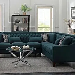 cortex CRT169 Solid Sal Wood Suede Velvet Upholstered 5 Seater Right Hand Side Facing Button Tufted Chesterfield Modular, Sectional, Corner L Shape Sofa Set for Living Room, Teal Color-picture-20