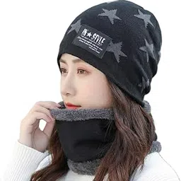 Black Star Style (Inside Fur) Woolen Winter Cap with Neck Scarf Knitted Beanie, Fleece Lined Acrylic Cap,Soft and Warm Fleece Interior, Women - Snow & Air Proof-image-64