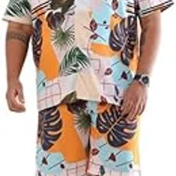 bushirt Plus Size Conversational Printed Cuban Collar Short Sleeve Shirt with Matching Shorts-picture-34