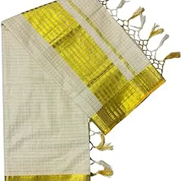 alluvy Women's Kuthampully Kerala Kasavu Saree Cotton checked zari with Kunjam | Kerala saree onam latest collections | Check Kasavu saree - Golden KTM-906 image 1