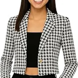 Women’s Houndstooth Print Crop Blazer Shrug – Black & White Long Sleeve Layer-image-75