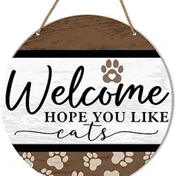 Cat Welcome Sign for Front Door, Cat Welcome Hanging Sign for Home Porch Rustic Wall Decorations Gift for Cat Mom Dad Lover Own, Welcome Hope You Like Cats-picture-21