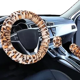 Accmor Fluffy Car Steering Wheel Cover, Universal Fuzzy Wheel Cover 14 1/2-15 & Handbrake Cover & Gear Shift Cover Set, Anti-Slip Leopard Warm Fur Vehicle Wheel Protector Car Accessories for Men Women-image-10