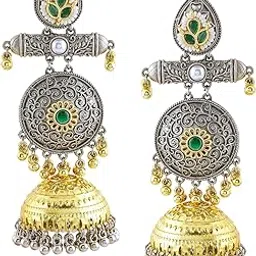 rubans Silver & Gold Dual-Plated Oxidised Long Emerald Green Stone with Gold & Silver Beads Jhumka Earrings for Women – Festive & Traditional Looks-picture-25