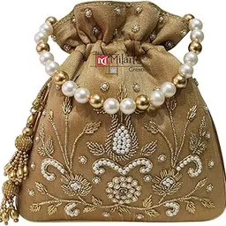 milan's creation Pearl-Zardosi Potli Bag Hand Embroidery Drawstring Potli Women's Handbag Purse With Pearl Handle & Tassel Purse-picture-41