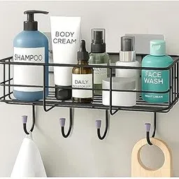 ME_Steel Self-Adhesive Bathroom Shelf with Hooks, Towel Holder, Wall Mount - Black-picture-28