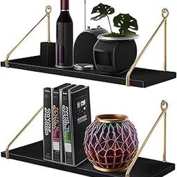 Dime Store Wall Shelf for Living Room, Metallic Gold White Wall Mounted Shelves, Home Decor Items for Living Room/Bedroom, Set of 2 (Black Shelves) image 1