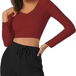 the blazze Women's Cotton Stretchable Deep V Neck Long Sleeve Stylish Crop Top T-Shirt for Women L514-picture-12