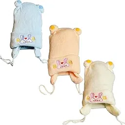 infantbond Unisex Baby Cotton New Born Baby Super Warm Winter Wollen Cap (Pack of 3)(0-4 Months) Colours and Designs May Vary., Blue-picture-14