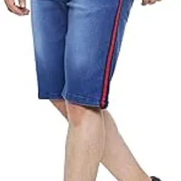 campus sutra Men's Blue Side-Striped Denim Shorts for Casual Wear | Medium-Wash | Button Closure | Regular Fit | Stretchable Cotton Mid-Rise Denim Jeans Crafted with Comfort Fit for Everyday Wear image 1