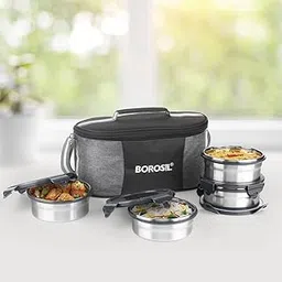 Borosil Feast Stainless Steel Lunch Boxes with Carry Bag, Set of 4 (400 ml x 2, 250 ml x 2), Lunch Boxes for Office & College-picture-14
