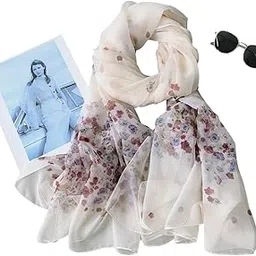 crosskulture Scarf Stole for Women - 185 x 135 cm Chiffon Scarf with Floral Print | Lightweight Scarf, Soft Stole for Women | Satin Feel Neck Scarf | Women Accessory-picture-12
