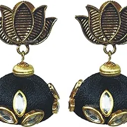 sabis Handcrafted BLACK SILK THREAD and KUNDHAN STONE JUMKI with LOTUS STUD for Woman-picture-30