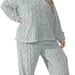 ukal Men & Women Plus Size Casual Pajamas Set, Unisex Plus Solid Textured Long Sleeve Round Neck Warm Flannelette & Joggers Loungewear Two Piece Set Size: (L-XXL)-picture-11