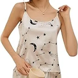 sprintx Women's Lingerie Set Celestial Print Satin Cami and Shorts Pyjama Set, White with Moon and Stars Pattern-picture-44