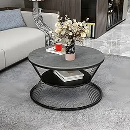 Coffee Table Double-Layer Marble Look Coffee Table, Wrought Iron Storage Round Coffee Table, Suitable for Living Room & Bedroom, (Black-Grey)-image-22