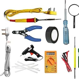 FADMAN KIT OF | Soldering Iron 25 W Simple - 2 | Cutter | Tape | Tester | Magnifying Glass | Desolder Pump | ScrewDriver | Multimeter | 20 W Black Glue Gun & 5 Sticks (7mm) | (Yellow+Red) (Blue+Grey)-picture-67