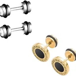 lovemi movements Trendy Men's Stud Earrings Set, 2 Pairs Stainless Steel Crystal and Black Enamel Design in Gold and Silver-picture-51