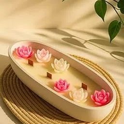Elegant Lotus Flower Floating Candle Set, White Ceramic Boat-Shaped Holder with Pink and White Lotus Candles, Decorative Home Spa Aromatherapy Collection-image-0