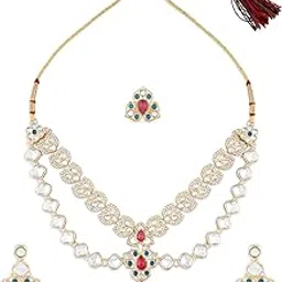 zaveri pearls Turquoise Blue Pink Stones Embellished Dazzling Layered Necklace Earring & Ring Set For Women-ZPFK17599-picture-27