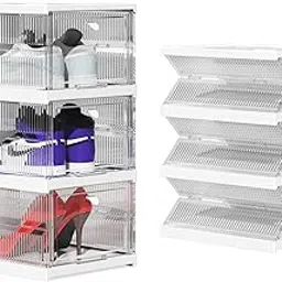 RELEMTRA Foldable Shoe Rack Organizer for Closet, 12Pairs Shoe Storage Box Plastic Stackable Shoe Box with Clear Door, Quick Assembly Folding Shoes Cabinet Bins with Lids Large-image-70