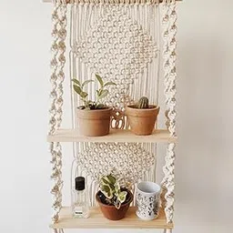 ALFA CRAFY Macrame Wall Hanging Plant Shelf, 2-Tier Wooden Floating Shelves with Woven Cotton Rope, Boho Home Decor, Cream-image-57