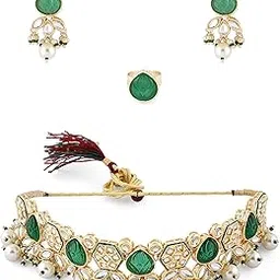 zaveri pearls Green Stones Dazzling Kundan Necklace Earring & Ring Set For Women-ZPFK15198-picture-52