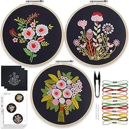 EmbroideryMaterial Combo of 3 DIY Floral Embroidery Kits for Beginners | Hand Embroidery Kit with Printed Fabric, Hoop, Needles, Threads & Instruction Sheet | Craft Kit for Adults & Kids (Black Fabric)-picture-23