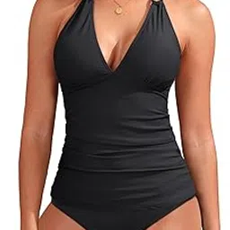 yonique Womens Two Piece Bathing Suit Halter Deep V-Neck Swimsuit Ruched Tummy Control Tankini Set Black-Pineapple L-picture-14