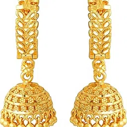 Traditional Temple Jewellery 18k One Gram Gold Ethnic Copper Brass Stylish South Indian Screw Back Studs Bali Hoop Jhumkas Jhumka Earrings Set For Women girls Latest -GOLD JHUMKI-M136-image-34