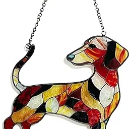 Dachshund Stained Glass Window Hanging, 5.9 * 5.1 in Hand-Painted Sun Catcher Panel Wall Art Decor with Chain, Gifts for Women Mom Grandma,SunCatchers Glass Decor for Garden Dachshund-picture-17