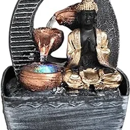 VIVARS Tabletop Buddha Water Fountain with LED Lights | Polyresin Indoor Outdoor Water Fountain | Feng Shui Decorative Showpiece for Home, Office, Pooja Room & Gifting (Black-Gold)-picture-14