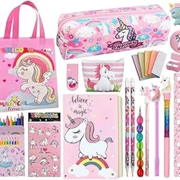 TOOYEP 15 Pcs Unicorn Gift Combo Set For Girls Kids Unicorn Theme Gift Bag Stationery Set Age 6-8 Years 10-12 Year I Diary, Stickers, pen, pouch, scale, badge, Eraser, Wallet & Carry Bag (rose pink)-image-85