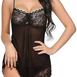 Babydoll Nightwear Sexy Chemise Nightie Chrismas Bikini Girlfriend Wife Babydoll Valentine Festival Bikini Set| Non-Padded Women Babydoll Lingerie with Panty Black-image-20